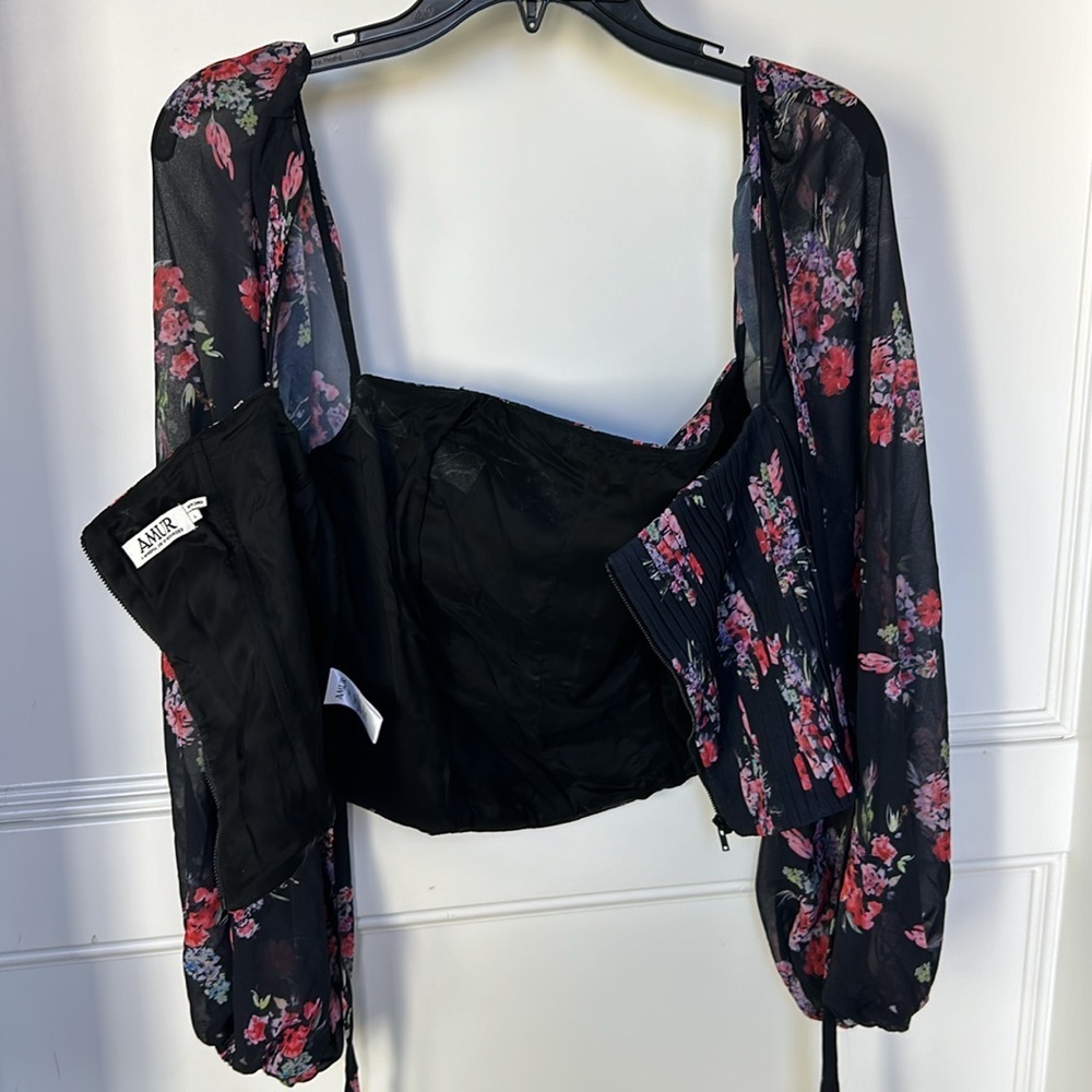 AMUR Beverly Top Sheer Long Sleeve Floral Black Corset Womens size Large - Picture 13 of 15